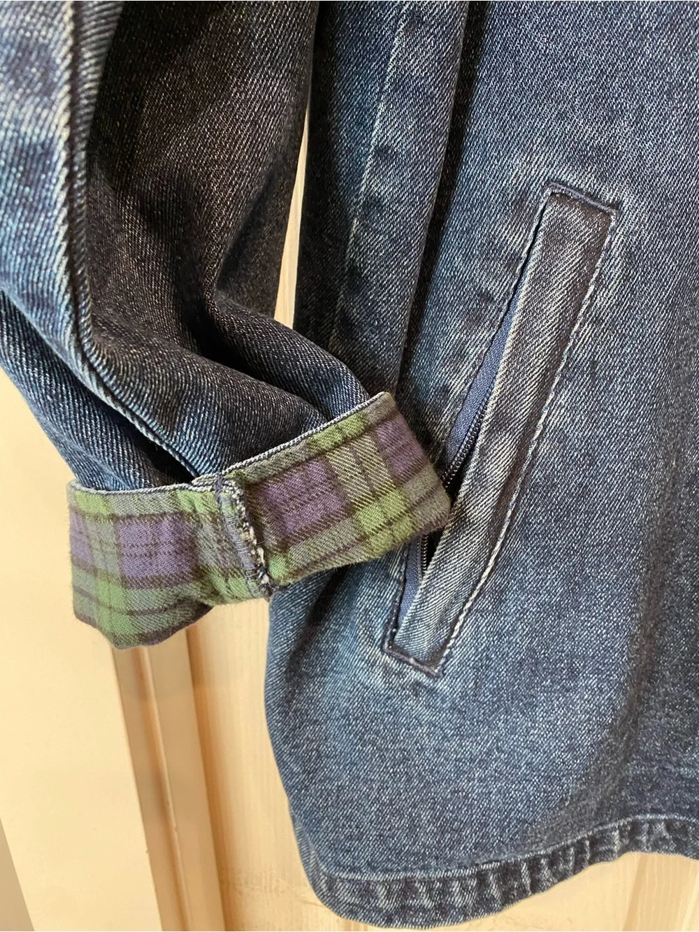 Vintage Lee Valley Denim Chore Coat Plaid Flannel Cuffs Mens Large